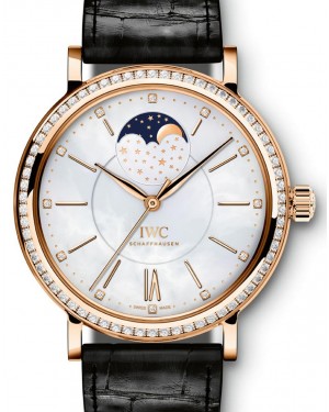 IWC Schaffhausen IW459002 Portofino Automatic Moon Phase 37 White Mother of Pearl Diamond Red Gold Set with Diamonds Black Leather 37mm Automatic