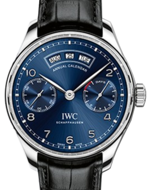IWC Portugieser Annual Calendar Automatic Stainless Steel Midnight Blue Arabic Dial 44.2mm Alligator Leather Strap IW503502 - BRAND NEW