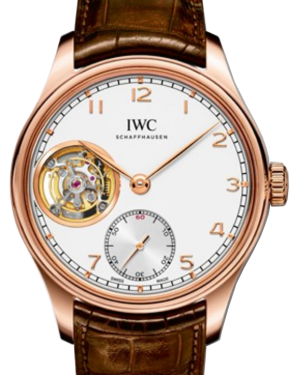 IWC Schaffhausen IW546302 Portugieser Tourbillon Hand-Wound Silver Plated Arabic Red Gold Brown Leather 43mm Manual