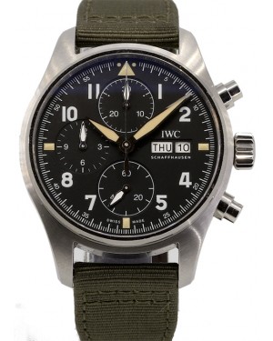 IWC Pilot's Watch Chronograph Spitfire Black Dial Stainless Steel Bezel Leather Strap IW387901 PRE-OWNED