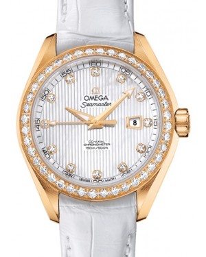 Omega Seamaster Aqua Terra 150M Co-Axial Chronometer 34mm Yellow Gold Diamond Bezel White Mother of Pearl Dial Diamond Set Index Alligator Leather Strap 231.58.34.20.55.001 - BRAND NEW