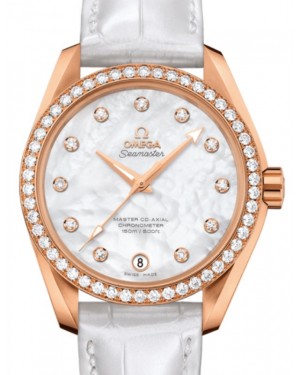 Omega Seamaster Aqua Terra 150M Master Co-Axial Chronometer Ladies 38.5mm Red Gold Diamond Bezel White Mother of Pearl Dial Diamond Set Index Alligator Leather Strap 231.58.39.21.55.001 - BRAND NEW