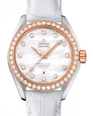 Omega Seamaster Aqua Terra 150M Master Co-Axial Chronometer 34mm Stainless Steel Sedna Gold Diamond Bezel White Mother of Pearl Dial Diamond Set Index Alligator Leather Strap 231.28.34.20.55.003 - BRAND NEW