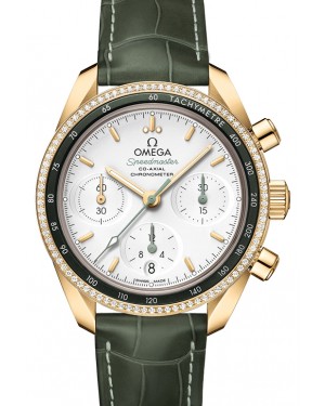 Omega Speedmaster 38 Co‑Axial Chronograph Yellow Gold/Diamonds Silver Dial Leather Strap 324.68.38.50.02.004 - BRAND NEW