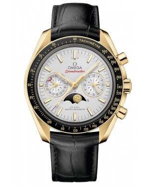 Omega Speedmaster Two Counters Moonphase 44.25mm Yellow Gold Silver Dial Leather Strap 304.63.44.52.02.001