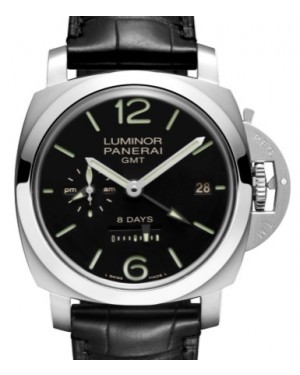 Panerai Luminor 8 Days GMT Stainless Steel 44mm Black Dial Alligator Leather Strap PAM00233 - BRAND NEW
