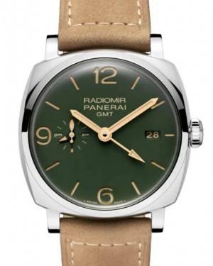 Panerai Radiomir GMT Steel 45mm Green Dial Leather Strap PAM00998 - BRAND NEW