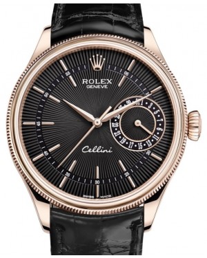 Rolex Cellini Date Rose Gold Black Guilloche Index Dial Domed & Fluted Double Bezel Black Leather Bracelet 50515 - BRAND NEW