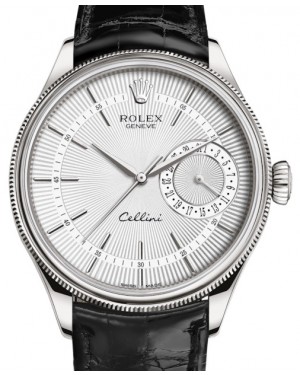 Rolex Cellini Date White Gold Silver Guilloche Index Dial Domed & Fluted Double Bezel Black Leather Bracelet 50519 - BRAND NEW