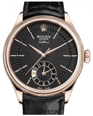 Rolex Cellini Dual Time Rose Gold Black Guilloche Index Dial Domed & Fluted Double Bezel Black Leather Bracelet 50525 - BRAND NEW
