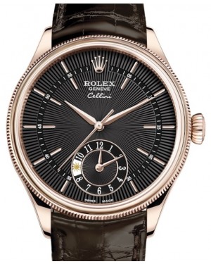 Rolex Cellini Dual Time Rose Gold Black Guilloche Index Dial Domed & Fluted Double Bezel Tobacco Leather Bracelet 50525 - BRAND NEW