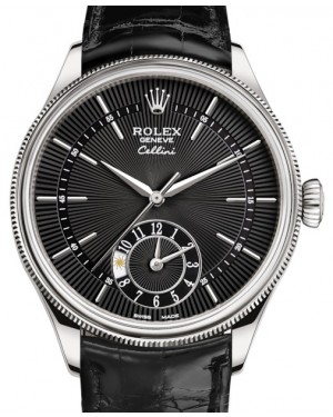 Rolex Cellini Dual Time White Gold Black Guilloche Index Dial Domed & Fluted Double Bezel Black Leather Bracelet 50529 - BRAND NEW
