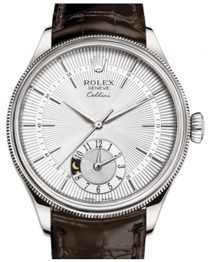 Rolex Cellini Dual Time White Gold Silver Guilloche Index Dial Domed & Fluted Double Bezel Tobacco Leather Bracelet 50529 - BRAND NEW