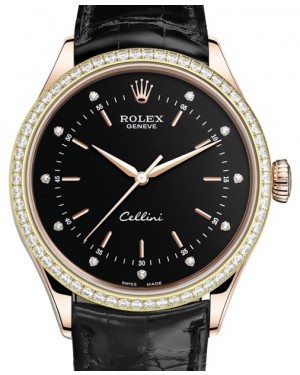 Rolex Cellini Time Rose Gold Black Diamond Dial Diamond Bezel Black Leather Bracelet 50705RBR - BRAND NEW