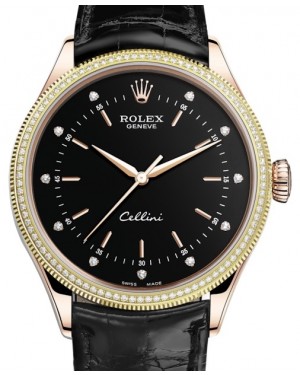 Rolex Cellini Time Rose Gold Black Diamond Dial Diamond & Fluted Double Bezel Black Leather Bracelet 50605RBR - BRAND NEW