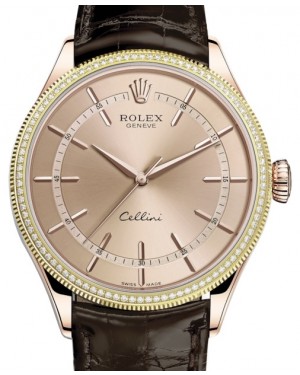 Rolex Cellini Time Rose Gold Pink Index Dial Diamond & Fluted Double Bezel Tobacco Leather Bracelet 50605RBR - BRAND NEW