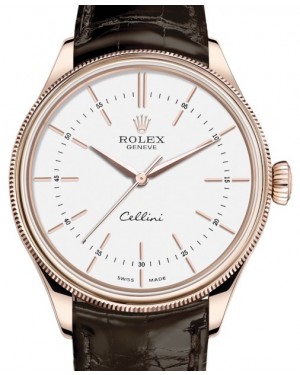 Rolex Cellini Time Rose Gold White Index Dial Domed & Fluted Double Bezel Tobacco Leather Bracelet 50505 - BRAND NEW