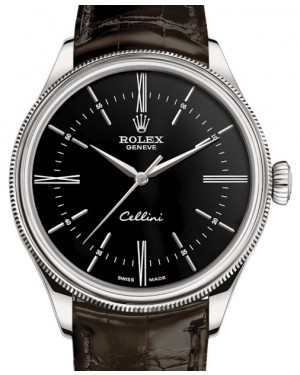 Rolex Cellini Time White Gold Black Index / Roman Dial Domed & Fluted Double Bezel Tobacco Leather Bracelet 50509 - BRAND NEW