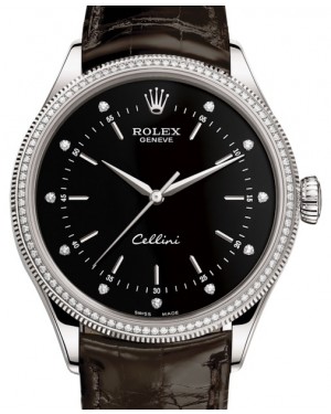 Rolex Cellini Time White Gold Black Set with Diamonds Dial Diamond & Fluted Double Bezel Tobacco Leather Bracelet 50609RBR - BRAND NEW