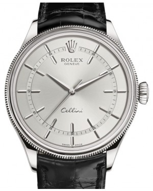 Rolex Cellini Time White Gold Rhodium Index Dial Domed & Fluted Double Bezel Black Leather Bracelet 50509 - BRAND NEW