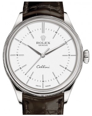 Rolex Cellini Time White Gold White Index Dial Domed & Fluted Double Bezel Tobacco Leather Bracelet 50509 - BRAND NEW