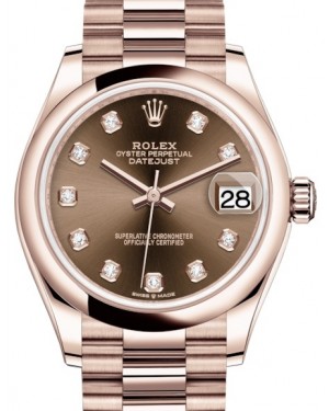 Rolex Datejust 31 Lady Midsize Rose Gold Chocolate Diamond Dial & Smooth Domed Bezel President Bracelet 278245 - BRAND NEW