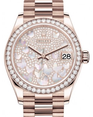 Rolex Datejust 31 Lady Midsize Rose Gold Diamond Pave Mother of Pearl Butterfly Dial & Diamond Bezel President Bracelet 278285RBR - BRAND NEW