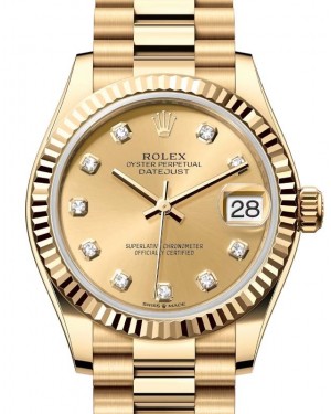 Rolex Datejust 31 Lady Midsize Yellow Gold Champagne Diamond Dial & Fluted Bezel President Bracelet 278278 - PRE-OWNED