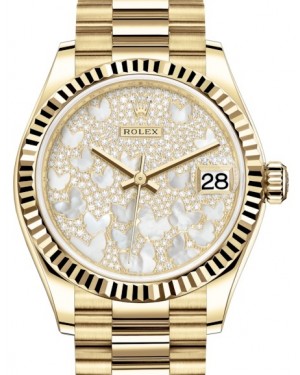 Rolex Datejust 31 Lady Midsize Yellow Gold Diamond Pave Mother of Pearl Butterfly Dial & Fluted Bezel President Bracelet 278278 - BRAND NEW