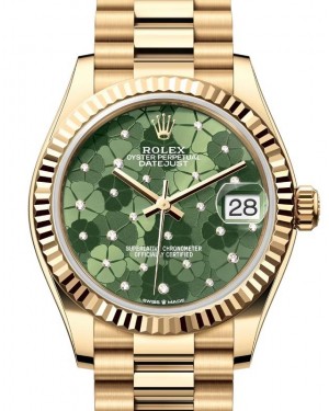 Rolex Datejust 31 Yellow Gold Olive Green Floral Motif Diamond Dial & Fluted Bezel President Bracelet 278278 - BRAND NEW