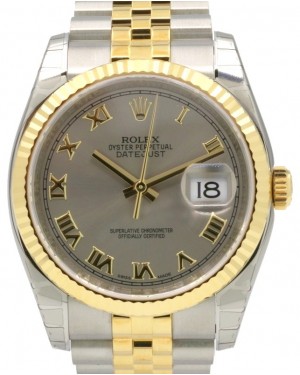 Rolex Datejust 36 116233-SLVRFJ Silver Roman Fluted Yellow Gold Stainless Steel Jubilee