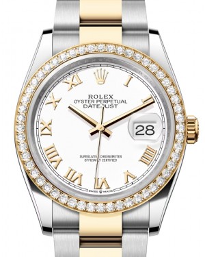 Rolex Datejust 36 Yellow Gold/Steel White Roman Dial & Diamond Bezel Oyster Bracelet 126283RBR - BRAND NEW