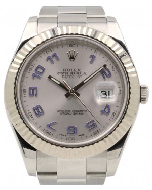  Rolex Datejust II 41mm Stainless Steel Silver Blue Arabic White Gold Bezel Oyster Bracelet 116334- PRE-OWNED