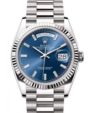 Rolex Day-Date 36 President White Gold Bright Blue Baguette Diamond Dial 128239