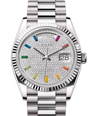 Rolex Day-Date 36 President White Gold Diamond Paved Rainbow Colored Sapphires Dial Fluted Bezel 128239
