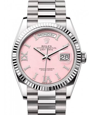 Rolex Day-Date 36 President White Gold Pink Opal Diamond Dial Fluted Bezel 128239