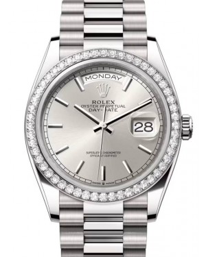 Rolex Day-Date 36 President White Gold Silver Index Dial & Diamond Bezel 128349RBR