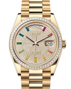 Rolex Day-Date 36 President Yellow Gold Diamond Paved Rainbow Sapphires Dial 128398TBR