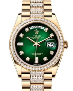 Rolex Day-Date 36 President Yellow Gold Green Ombre Dial Diamond Bezel & Bracelet 128348RBR