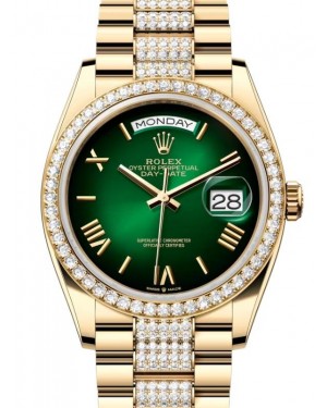 Rolex Day-Date 36 President Yellow Gold Green Ombre Index/Roman Dial Diamond Bezel & Bracelet 128348RBR