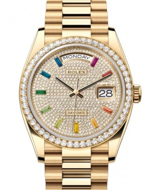 Rolex Day-Date 36 President Yellow Gold Rainbow Colored Sapphires Diamond Dial & Bezel 128348RBR