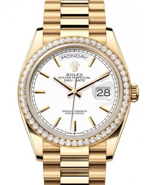 Rolex Day-Date 36 President Yellow Gold White Index Dial Diamond Bezel 128348RBR