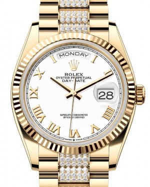 Rolex Day-Date 36 President Yellow Gold White Roman Dial Diamond Bracelet 128238