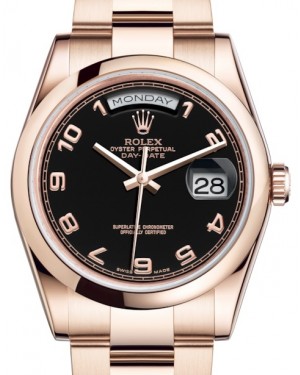 Rolex Day-Date 36 Rose Gold Black Arabic Dial & Smooth Domed Bezel Oyster Bracelet 118205 - BRAND NEW