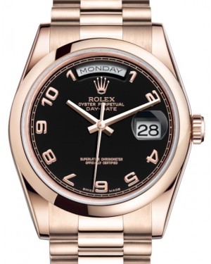 Rolex Day-Date 36 Rose Gold Black Arabic Dial & Smooth Domed Bezel President Bracelet 118205 - BRAND NEW