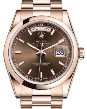 Rolex Day-Date 36 Rose Gold Chocolate Index Dial & Smooth Domed Bezel President Bracelet 118205 - BRAND NEW