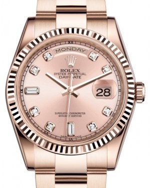 Rolex Day-Date 36 Rose Gold Pink Diamond Dial & Fluted Bezel Oyster Bracelet 118235 - BRAND NEW