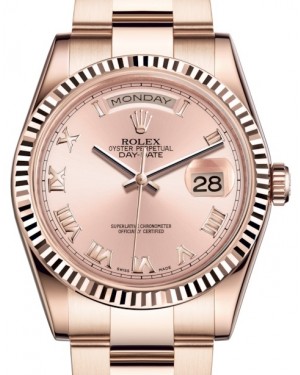 Rolex Day-Date 36 Rose Gold Pink Roman Dial & Fluted Bezel Oyster Bracelet 118235 - BRAND NEW