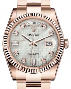 Rolex Day-Date 36 Rose Gold White Mother of Pearl with Oxford Motif Diamond Dial & Fluted Bezel Oyster Bracelet 118235 - BRAND NEW