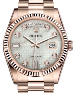 Rolex Day-Date 36 Rose Gold White Mother of Pearl with Oxford Motif Diamond Dial & Fluted Bezel President Bracelet 118235